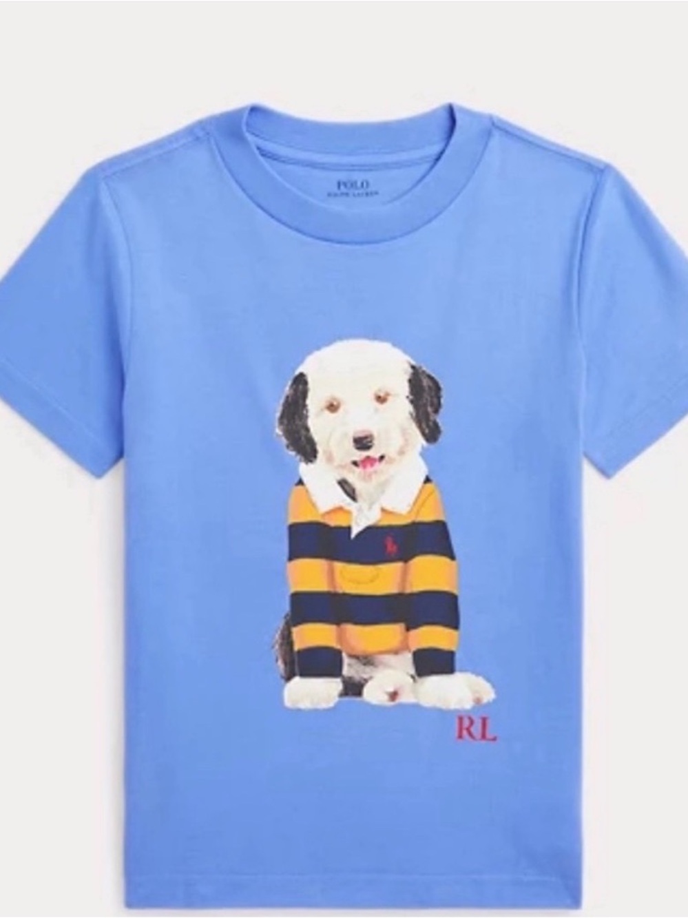 Polo by Ralph Lauren Light Blue Kids Tee with Dog Graphic and Navy/Gold Stripes
